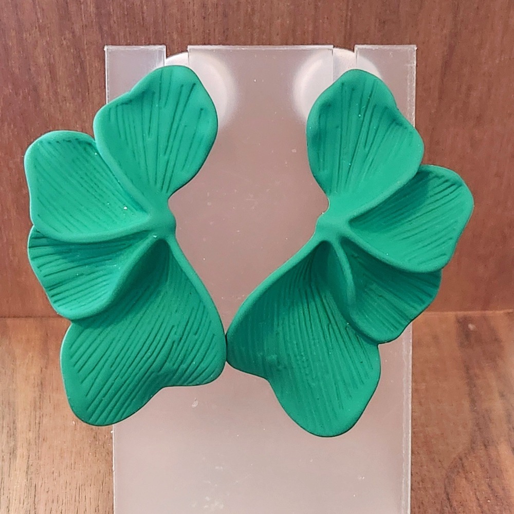 Matte Green Floral‎ Stud Earrings Ruffled Petal Statement Botanical Jewelry